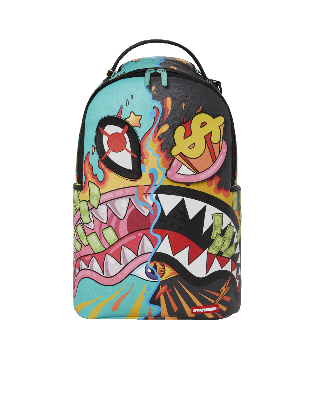 Front view of the faux leather backpack with removable eye patches and gold zippers