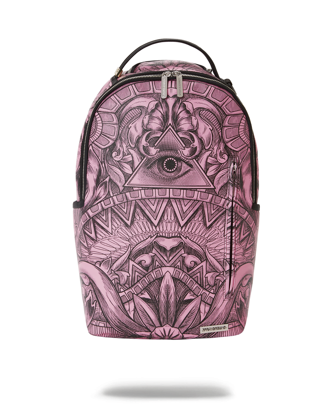 Shark print luxury backpack showcased on a city park bench