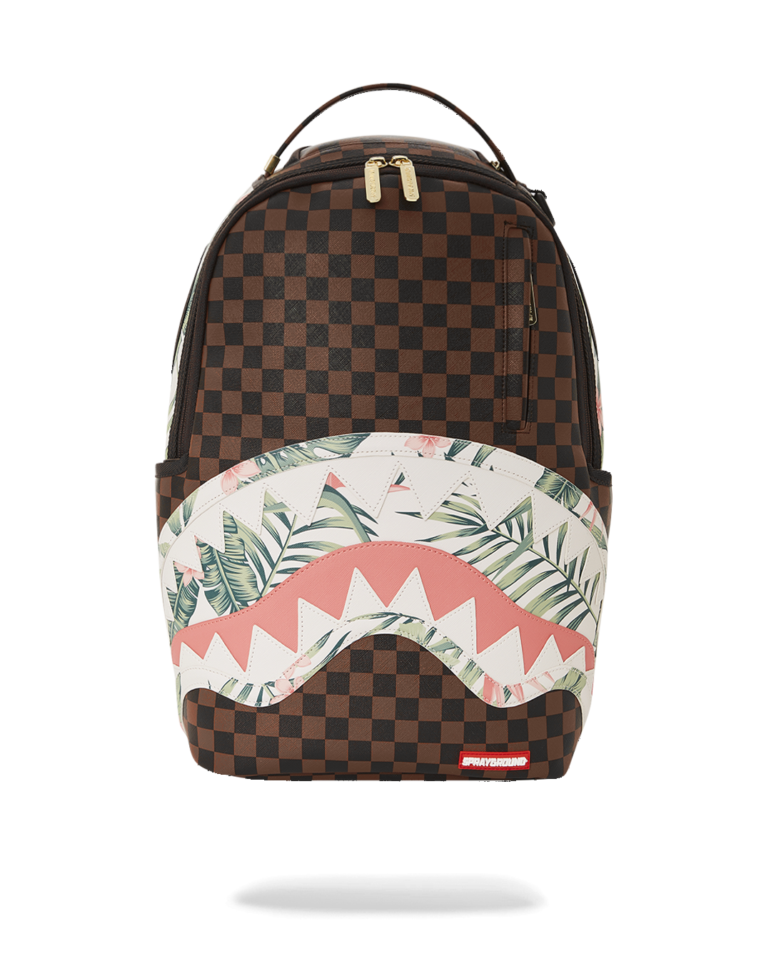 Front view of Sharks in Paris Coastal faux leather backpack with gold zippers and spacious design