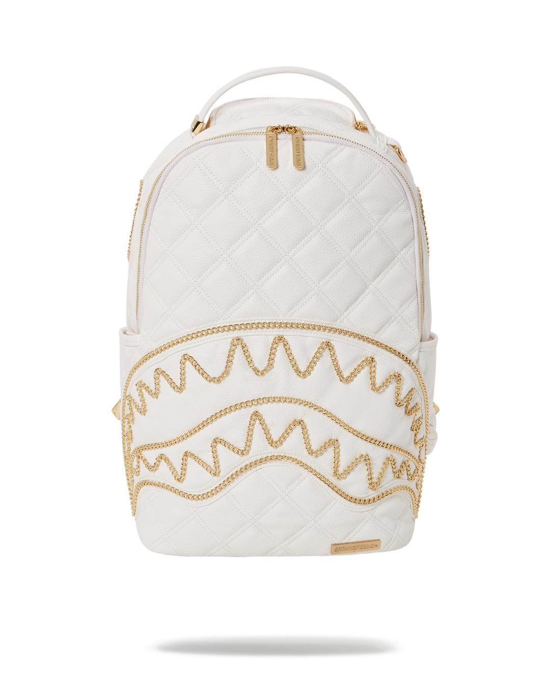 Front view of Riviera designer backpack showing shark mouth chain detail