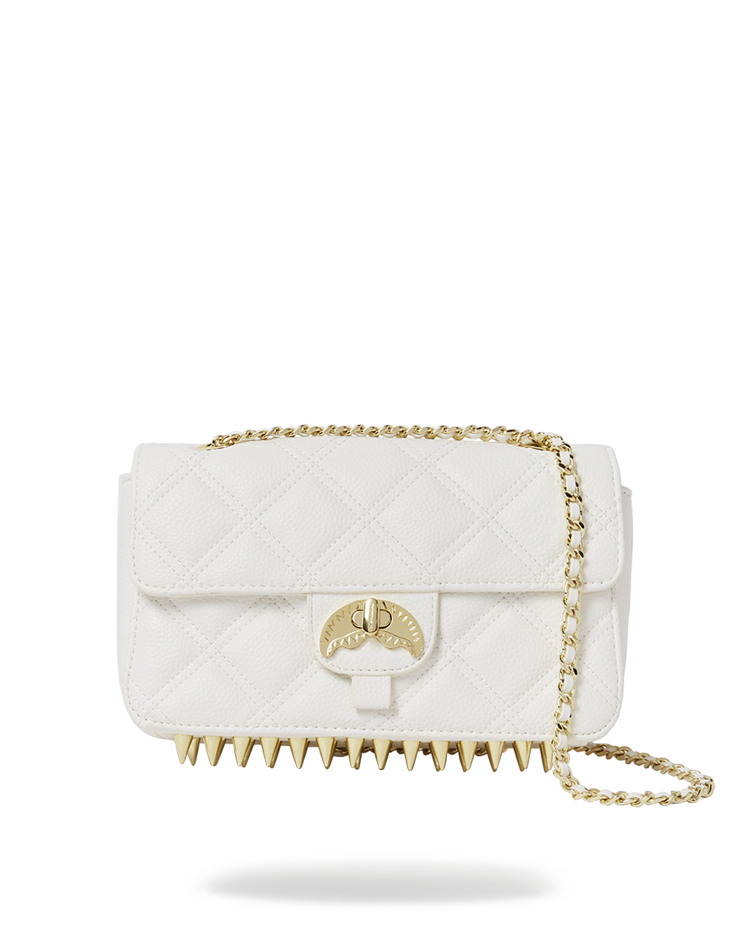 Front view of the shark handbag showing gold chain strap and quilted body