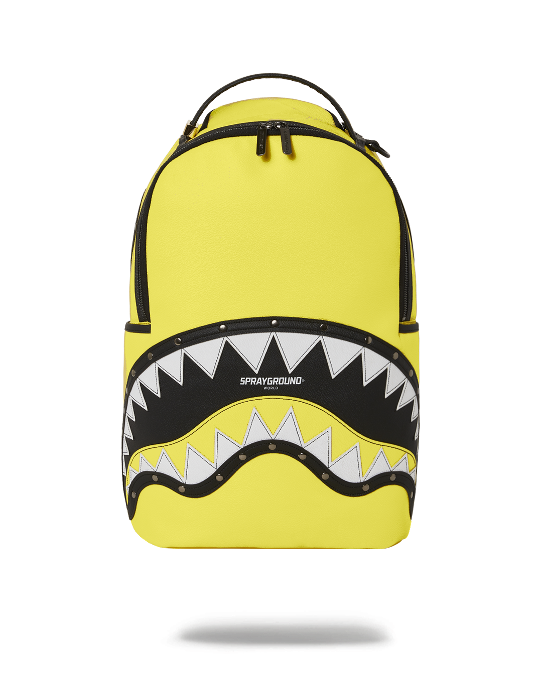 Side angle of faux leather backpack showing zipper compartments and mesh padding