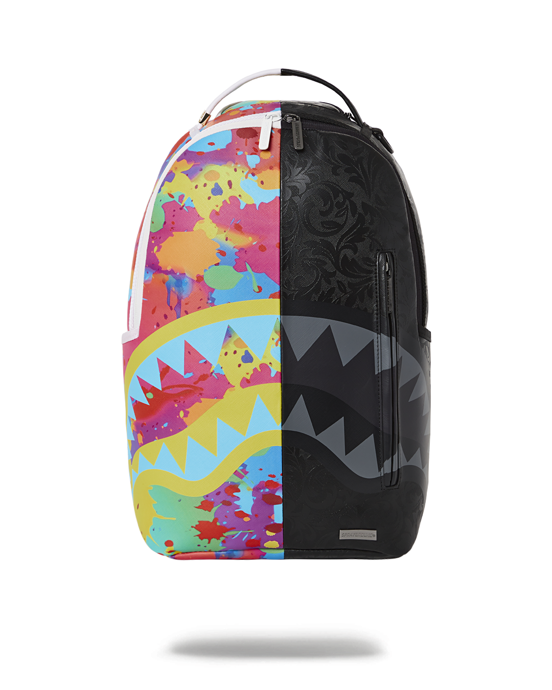 Front view of Sprayground backpack pink with zippered pockets on Dallas street