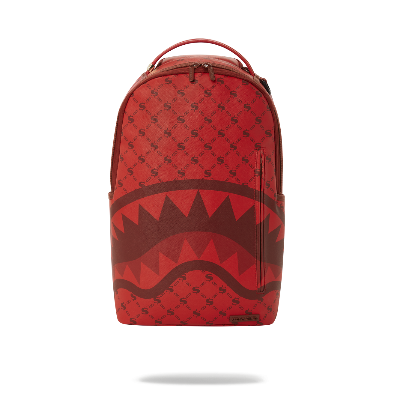 Sprayground backpack in brick-pattern vegan leather, showing front pockets and laptop compartment