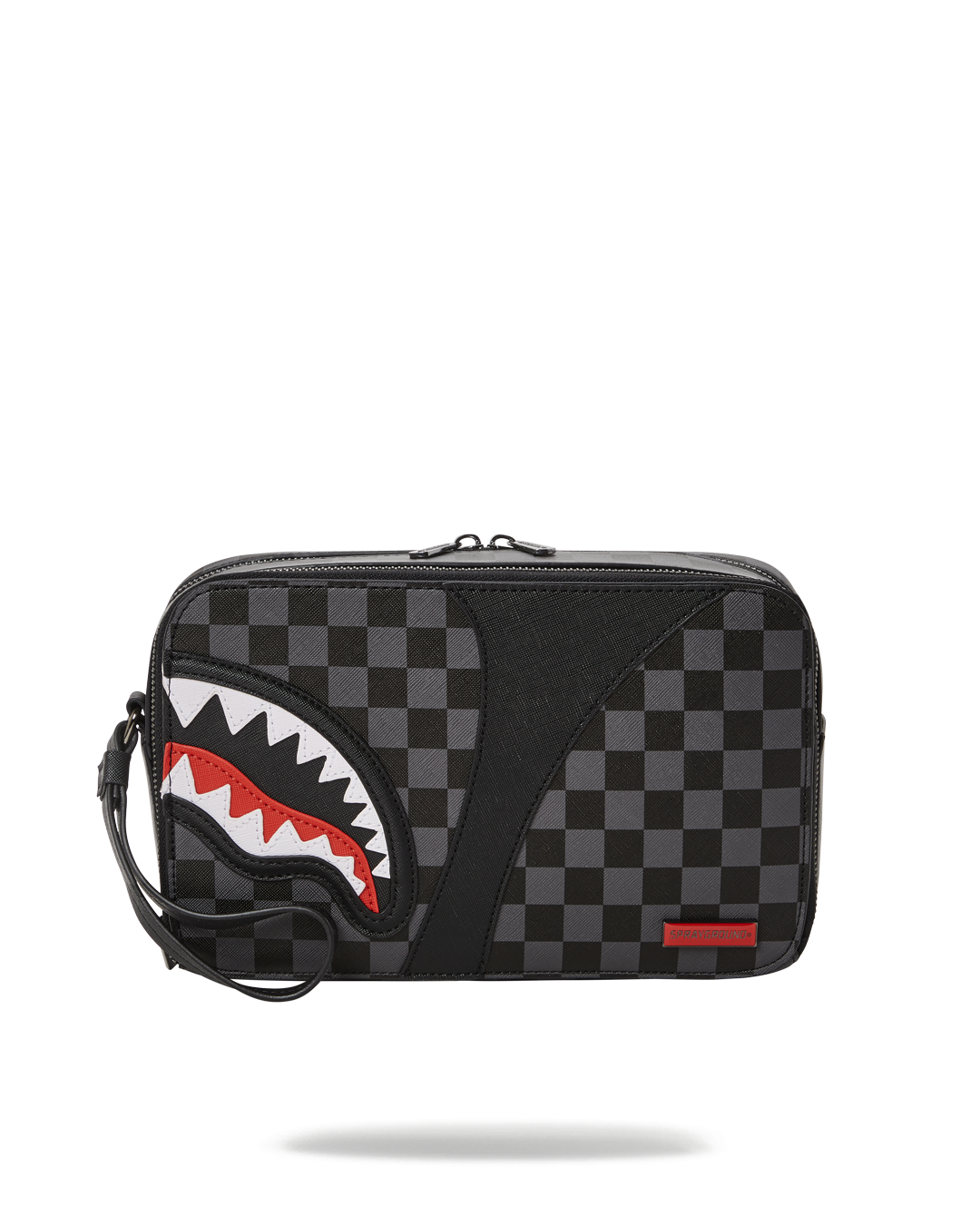 Front angle view of the hanging toiletry bag showing zip compartments and gunmetal hardware.