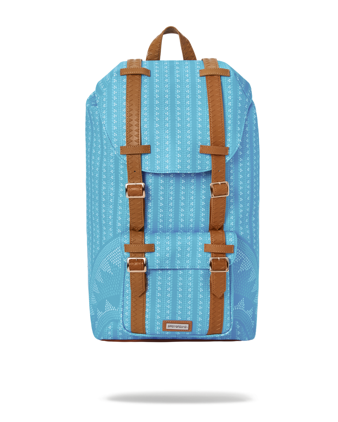 Turq Hills backpack shown from the front with magnetic snap buckle closure
