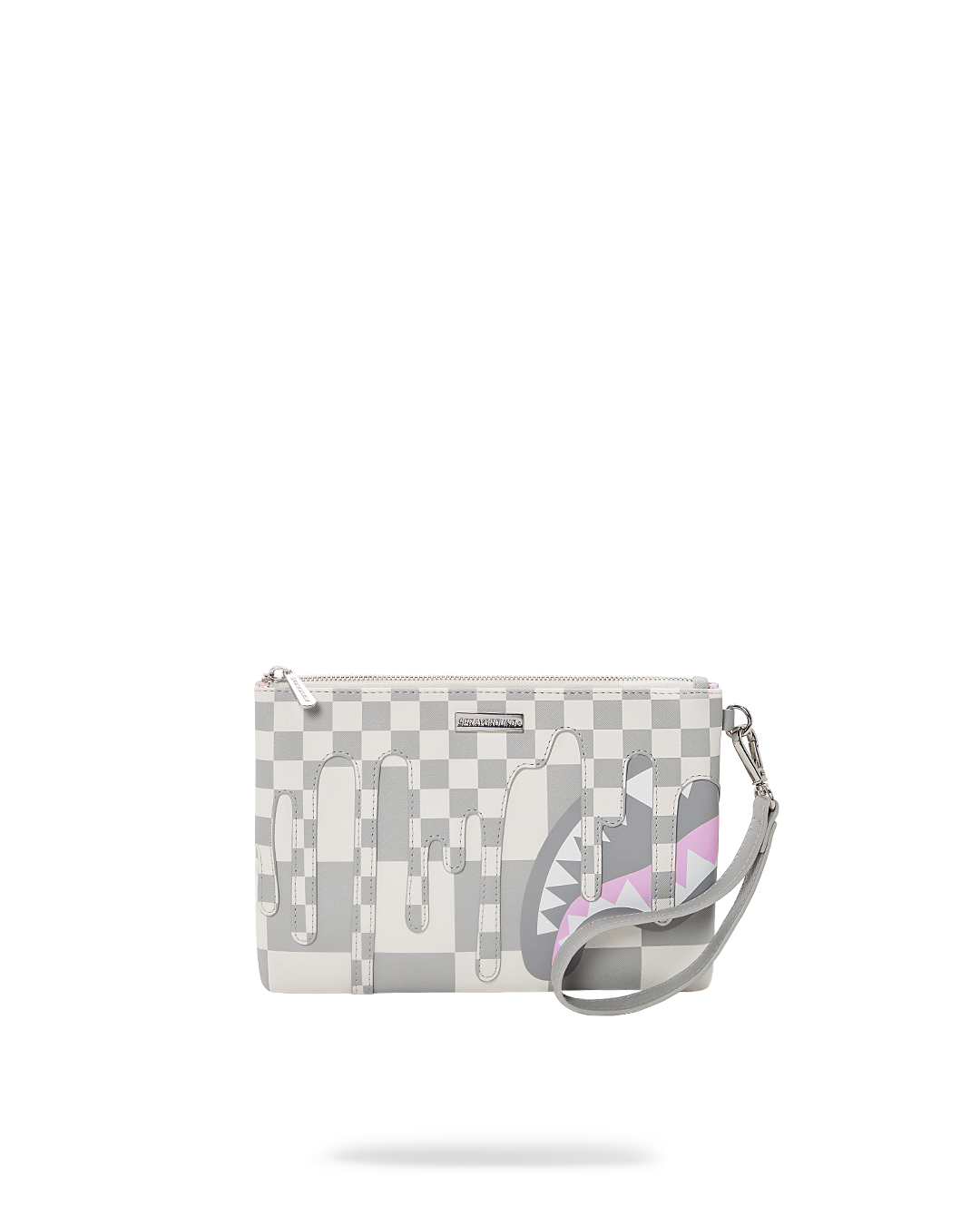 Front view of the chic faux leather convertible clutch with wristlet strap.