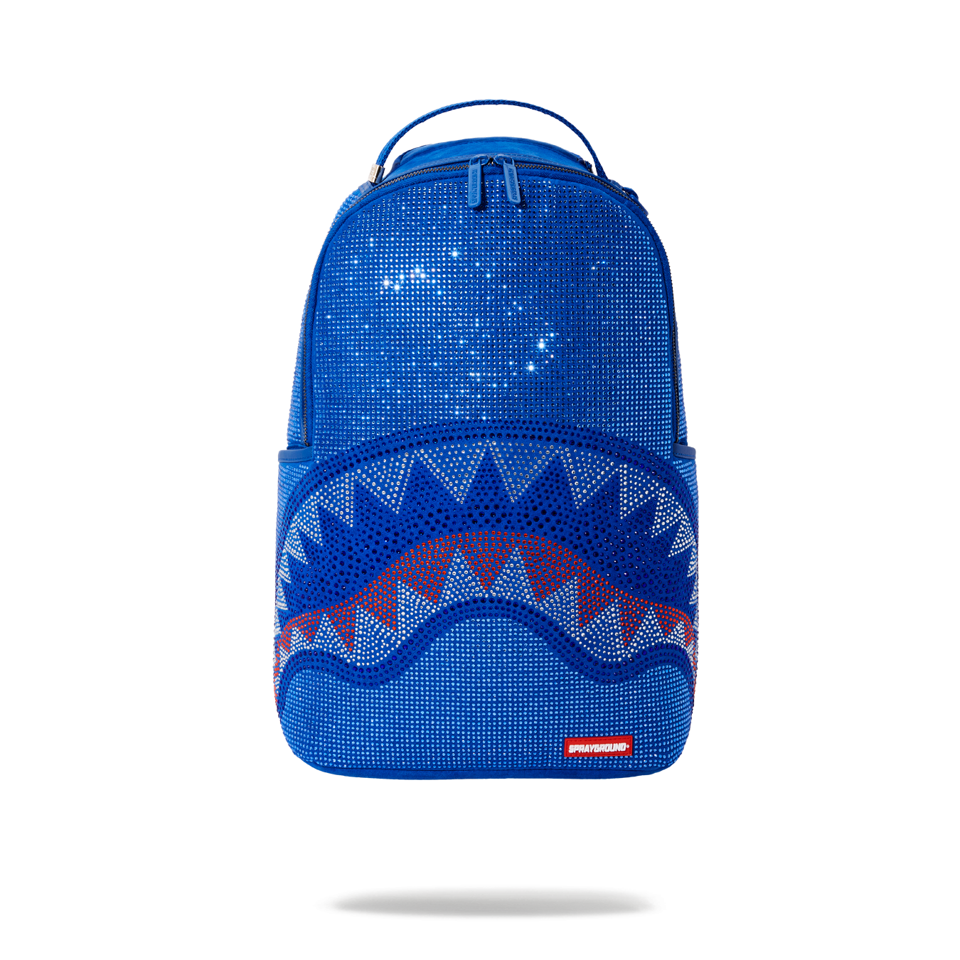 Front view of designer backpack with crystal embellishments and gold zippers.