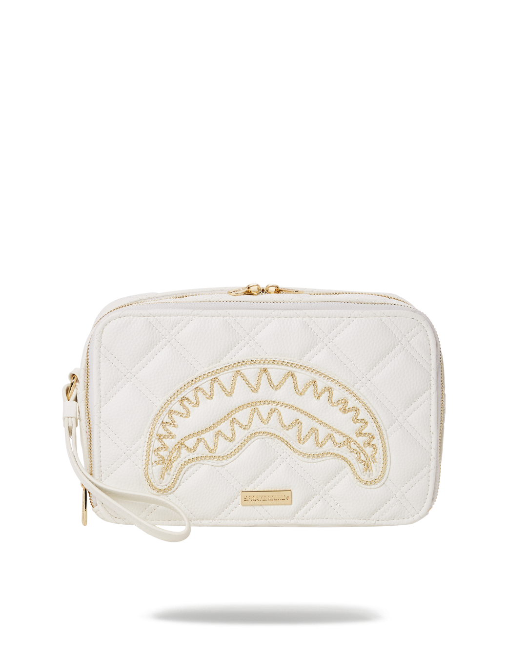 Luxury shark leather toiletry bag with gold chain detail, showcasing quilted design and metal hardware.