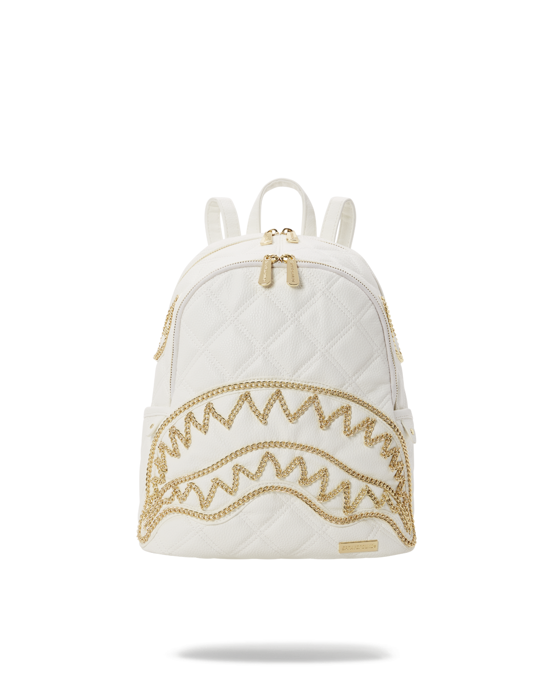 Front view of faux leather backpack with gold chain and shark embellishments