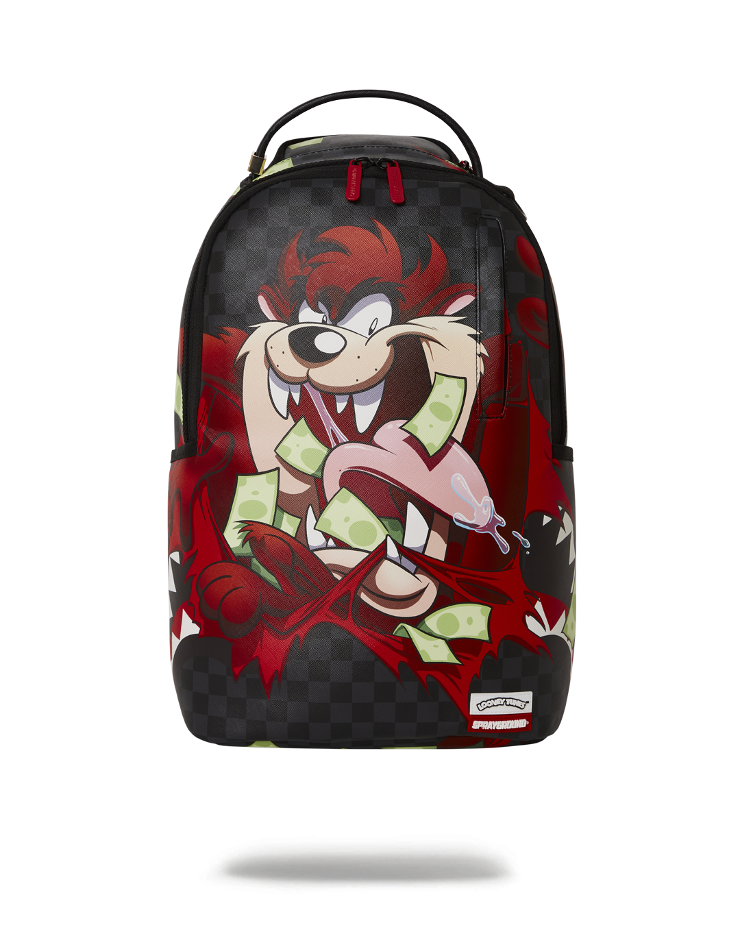Front view of sprayground backpack pink edition with gold zippers and side pockets.