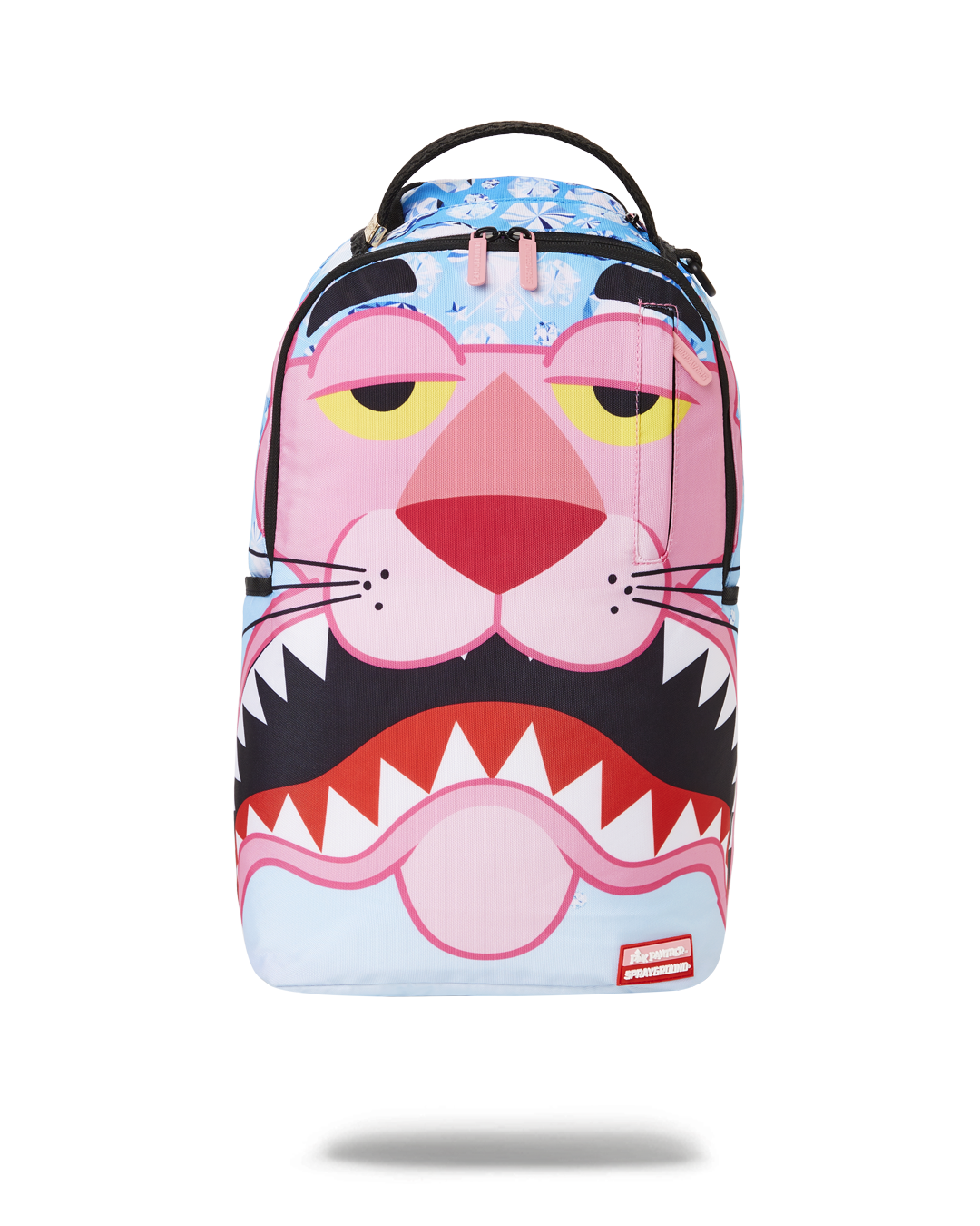 Pink Panther shark backpack front view with water-resistant fabric and green zippers