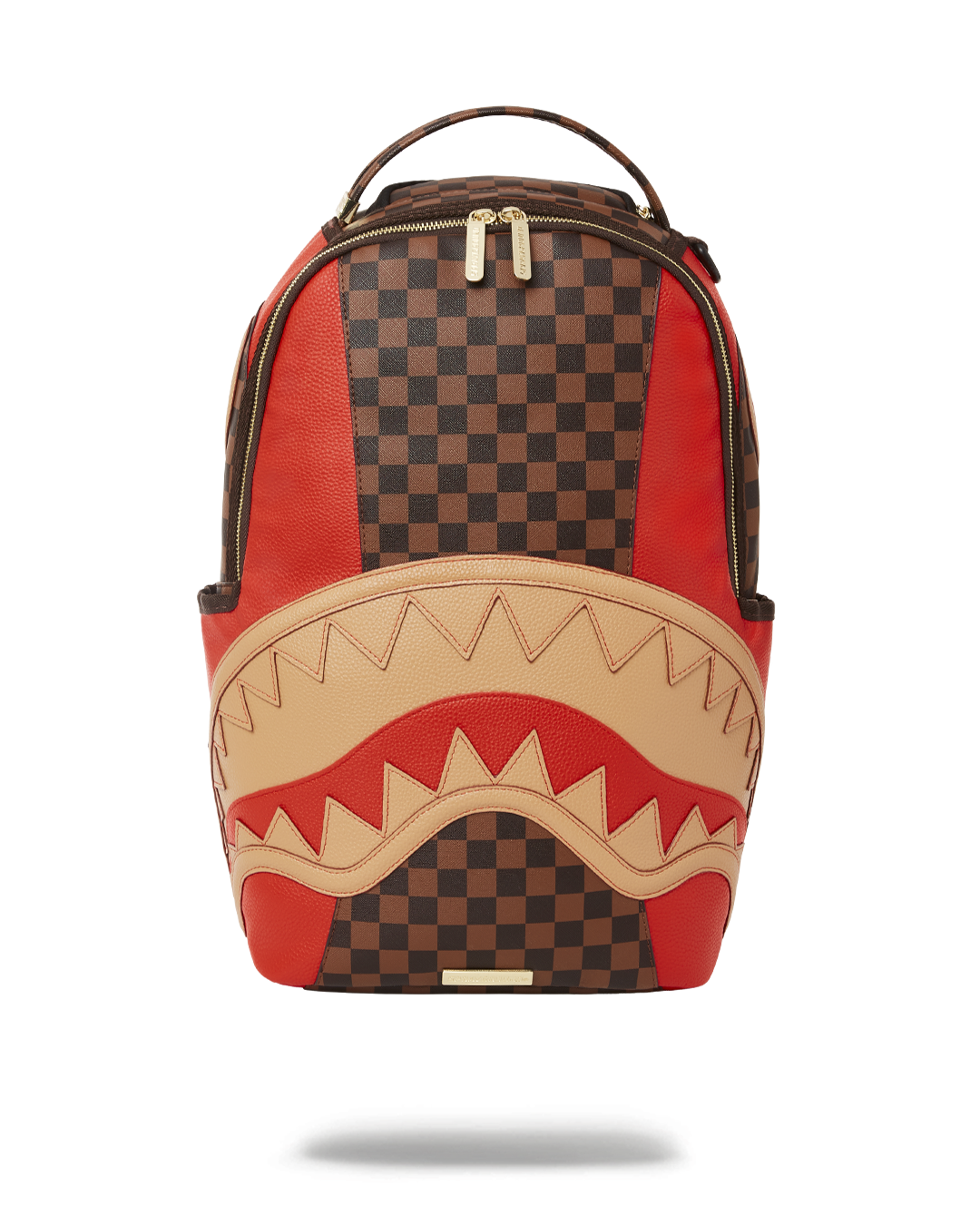 Raceway Henny leather backpack purse displayed on a wooden table, showcasing its front pockets and gold zippers.