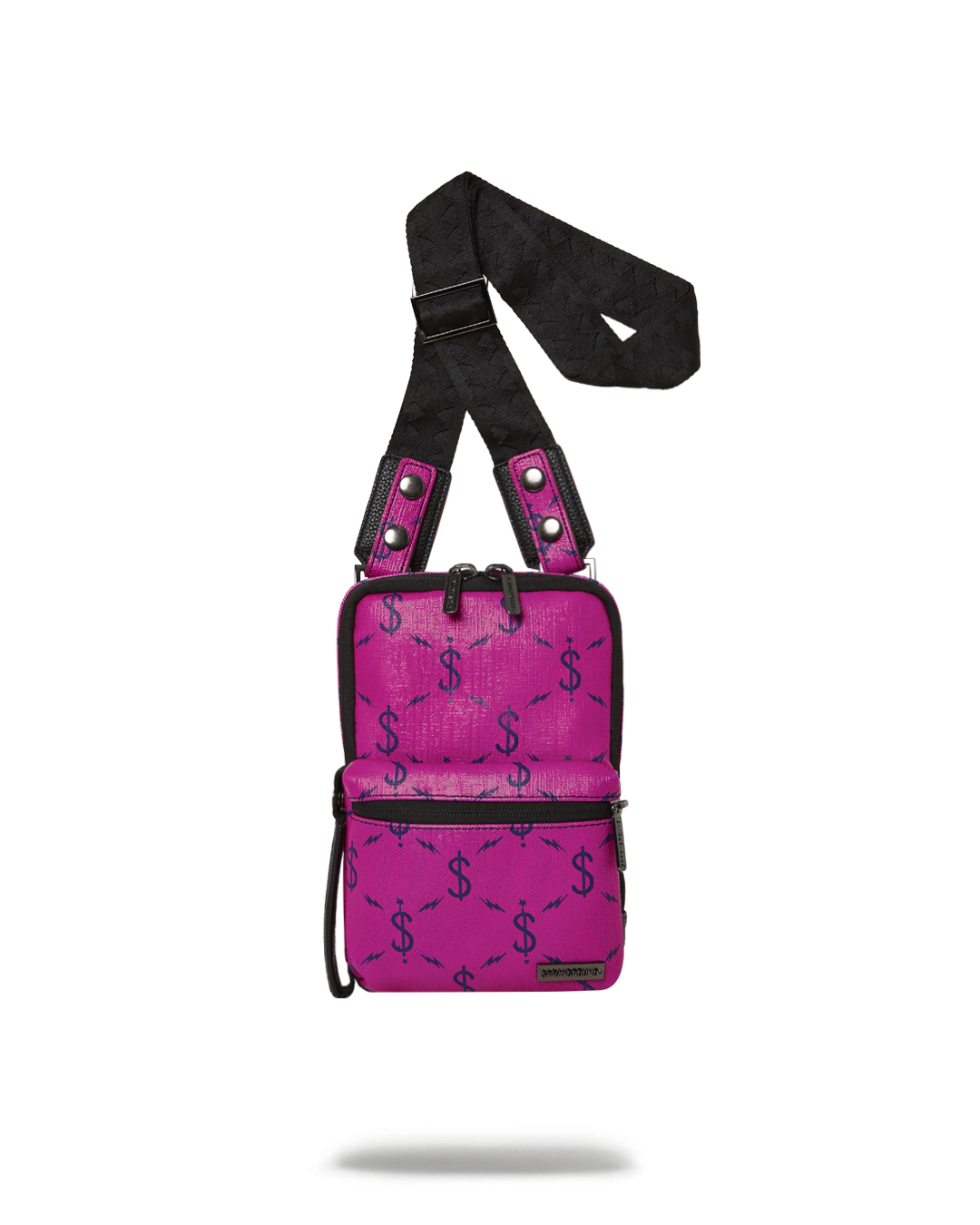Front view of compact crossbody bag featuring gold hardware and side handle