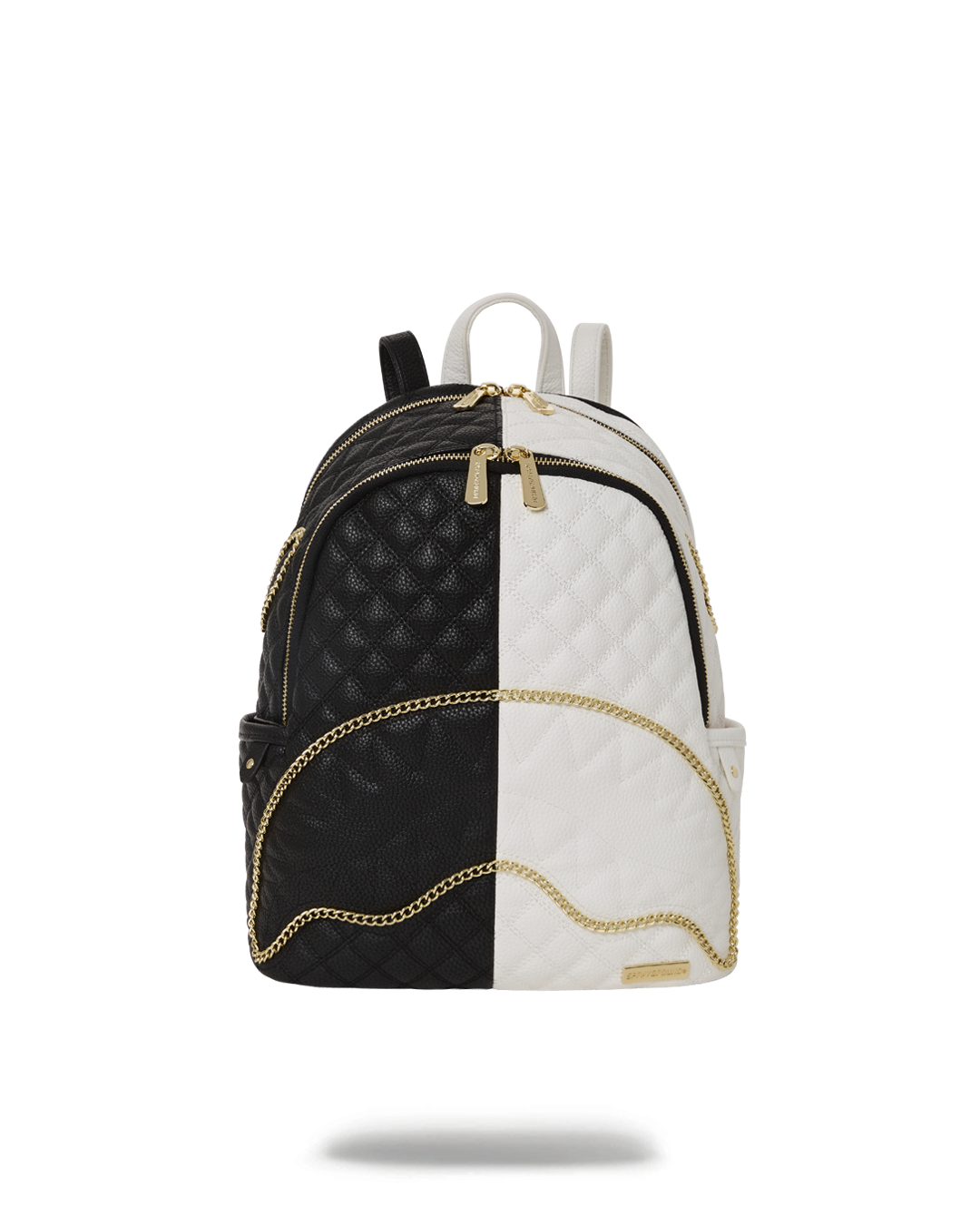 Front view of quilted faux leather shark backpack with gold hardware