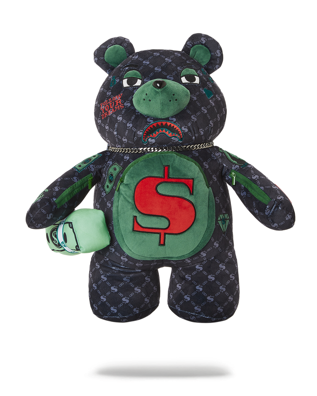 Sprayground Money Bear Backpack worn crossbody in downtown setting