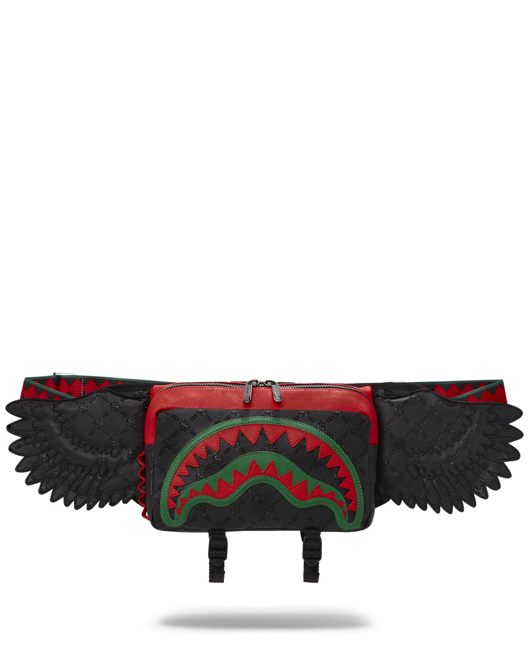 Front view of black crossbody bag with embossed wing and shark mouth detail
