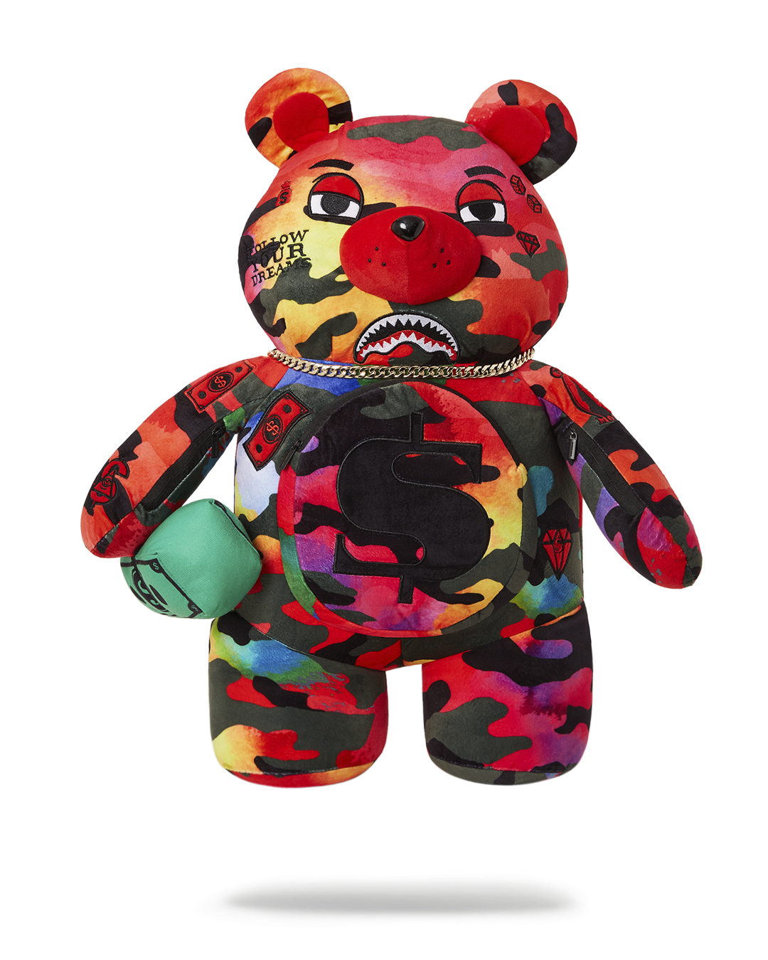 Sprayground Teddy Bear Backpack front view, showcasing the zippered belly pocket.