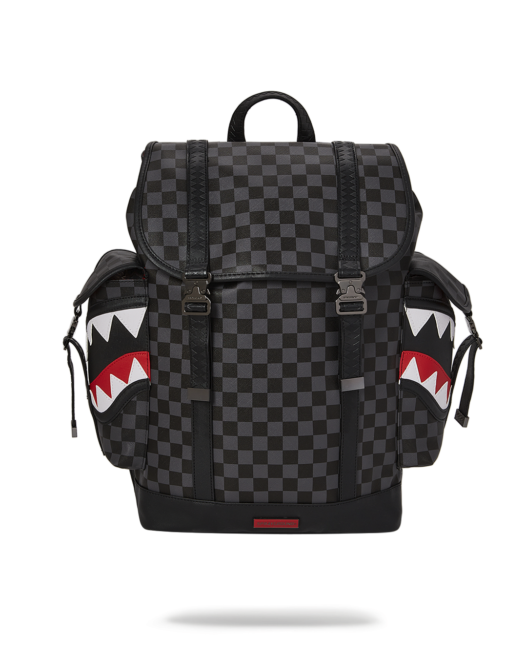 Front view of vegan leather backpack with adjustable flap and cargo pockets