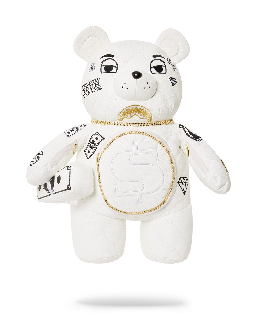 Sprayground Teddy Bear Backpack with gold chain accent, showcasing faux leather material