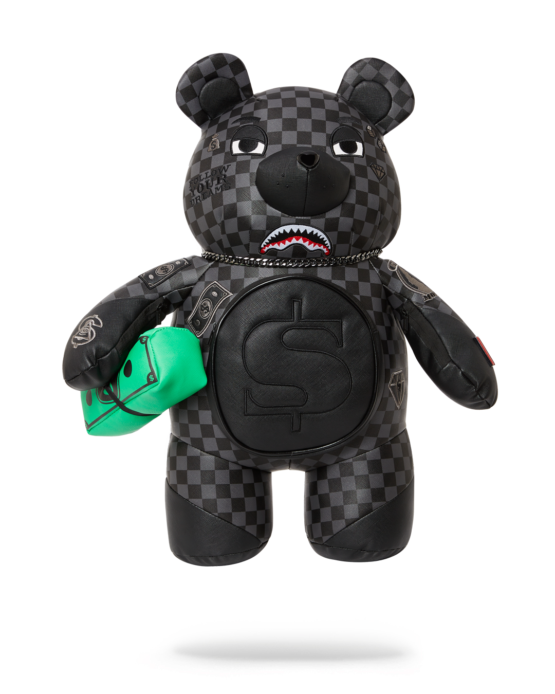 Side view of the teddy bear backpack with gold hardware and adjustable straps