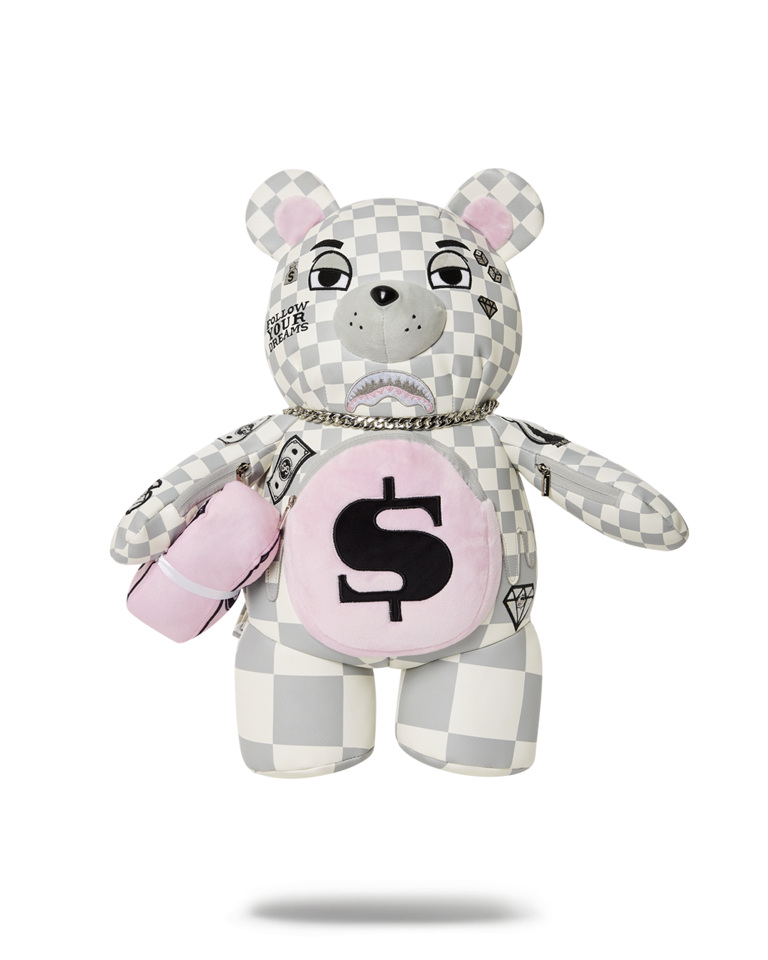 Front view of faux leather teddy bear backpack showing gold details