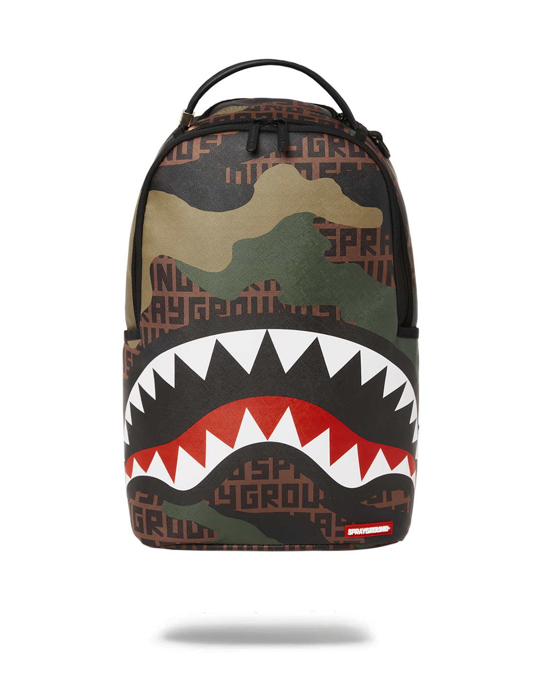 Sprayground Camo Faux Leather Laptop Backpack DLXV front view, highlighting its camo design and front zipper pocket.