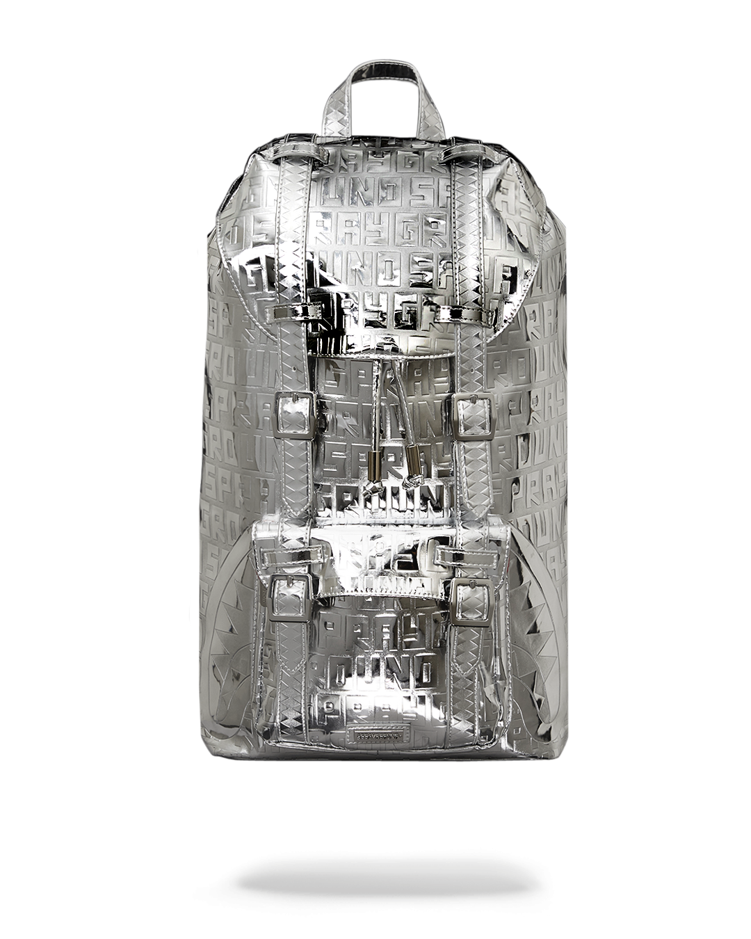 Front view of Sprayground backpack with metallic silver flap and buckle accents