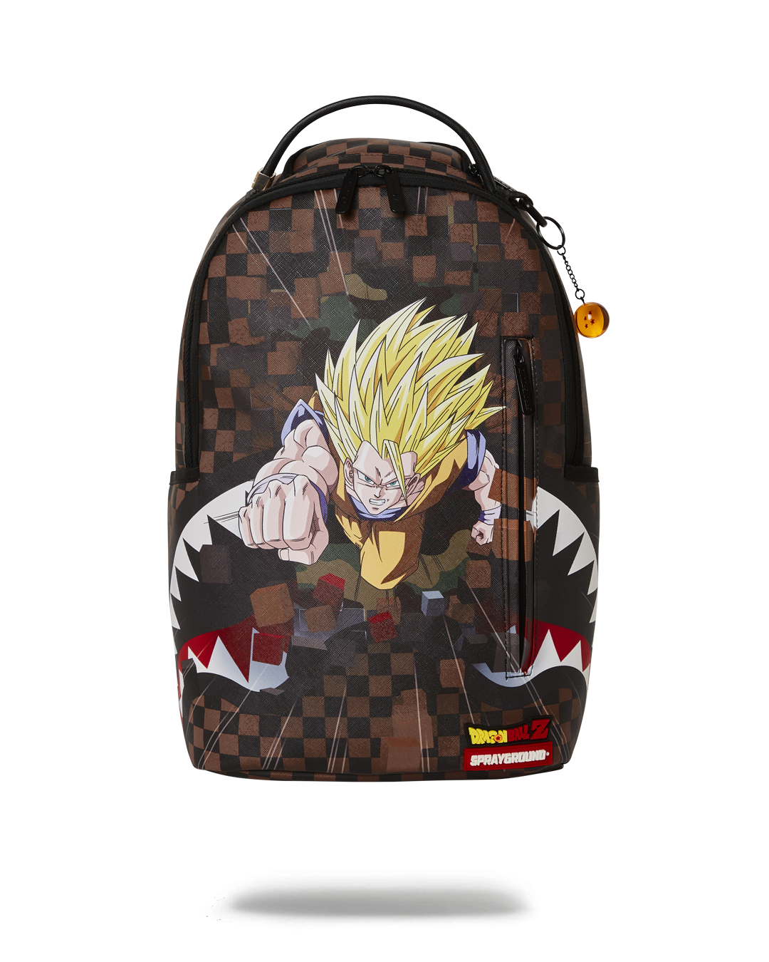 Dragon Ball Z laptop bag open, showing velour laptop compartment and zippered pockets