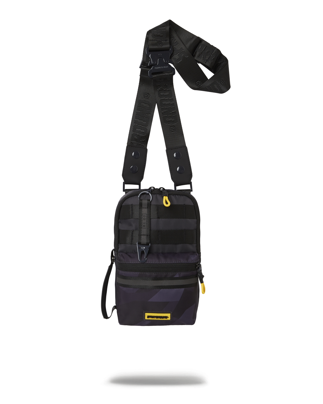 Front view of the slim sling cargo pack showing its compact structure and camo detailing