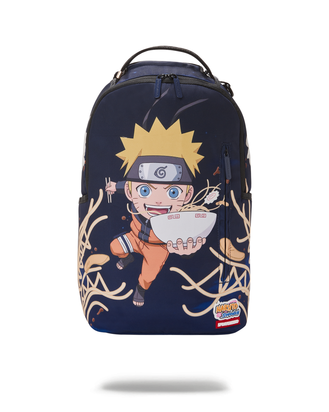 Front view of pink Sprayground backpack with Naruto design, showcasing zippered pockets