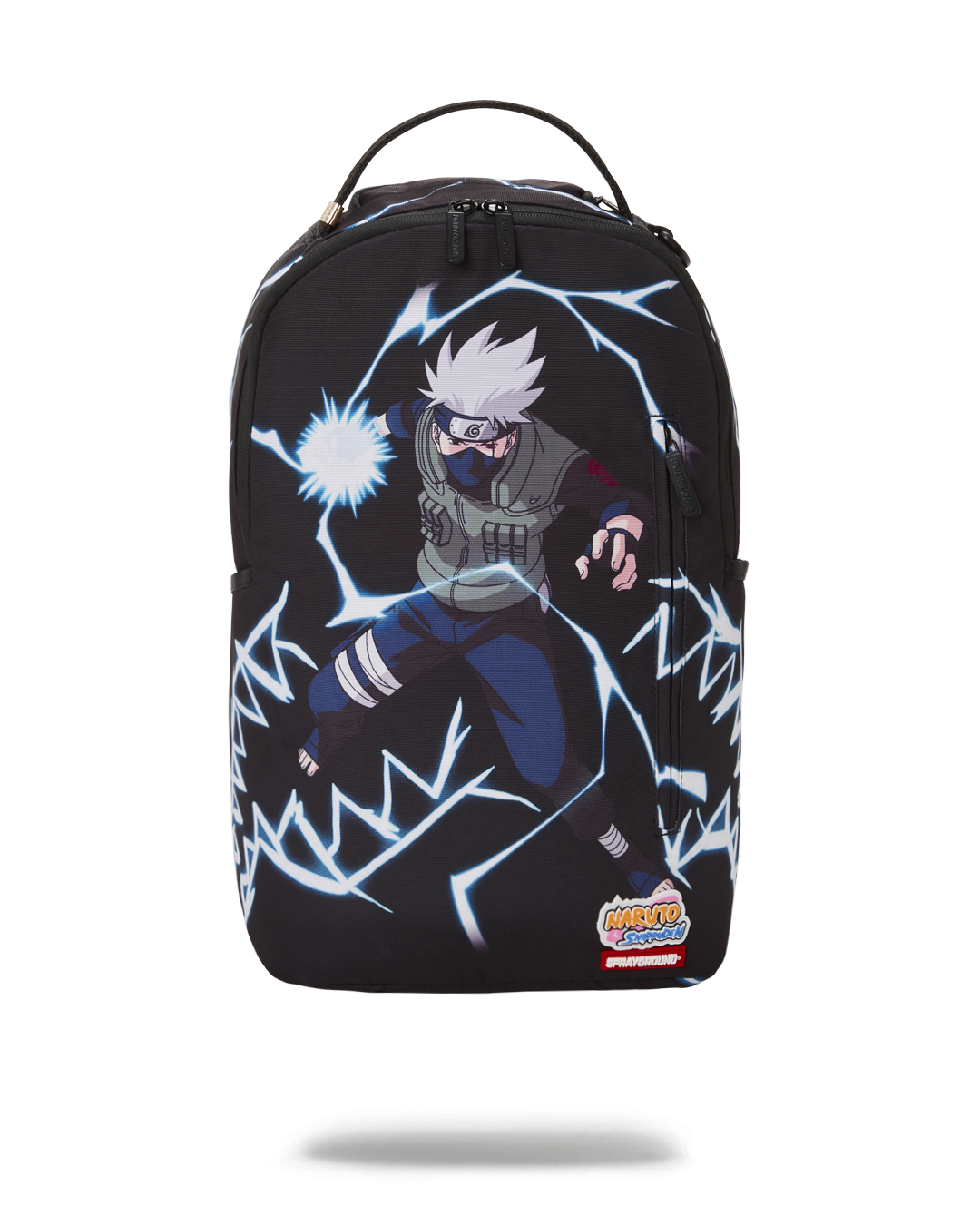 Front view of the Naruto Lightning backpack with lightning design and metal hardware