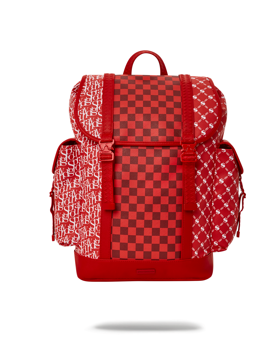 Side view of the leather travel backpack with cargo pockets and buckle closures