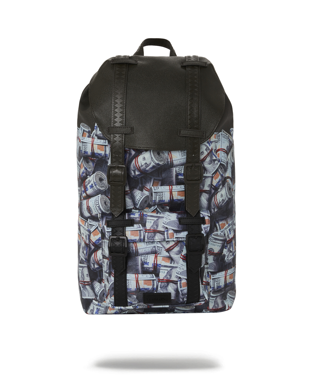 Men's leather backpack viewed from the side, showing adjustable straps and front pocket