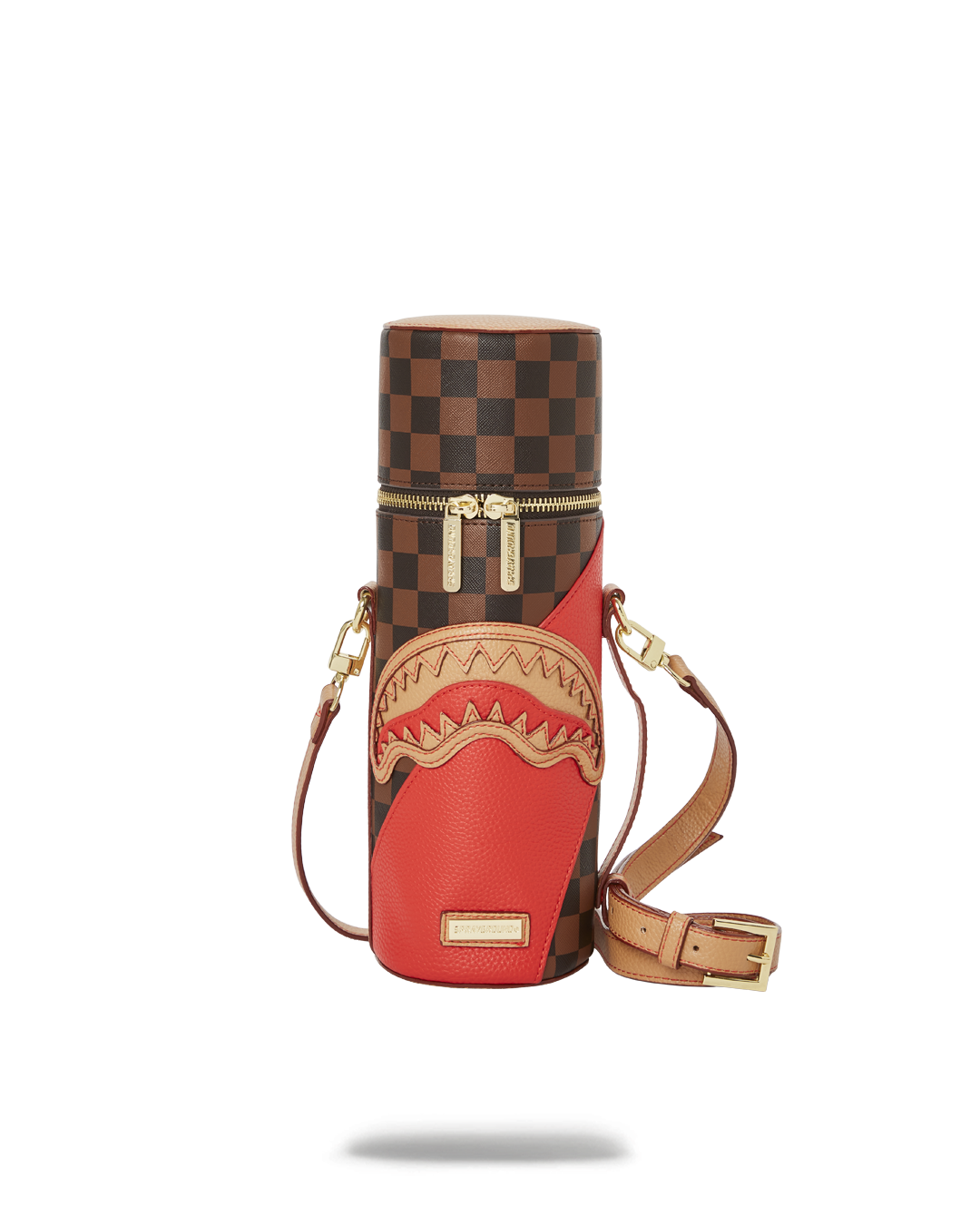 Side view of crossbody water bottle pouch worn while walking in the city