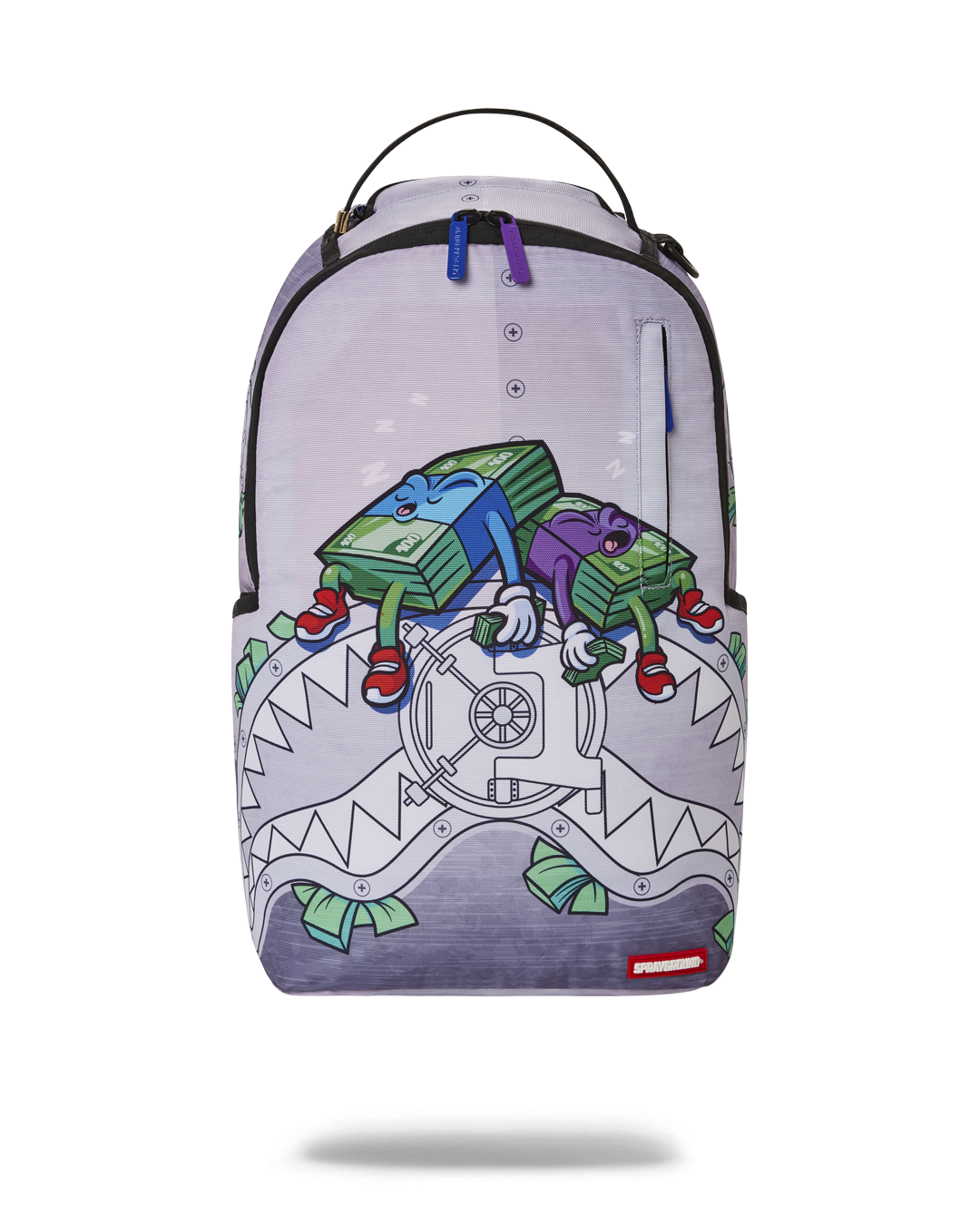 Front view of sprayground money backpack made from recycled polyester for women