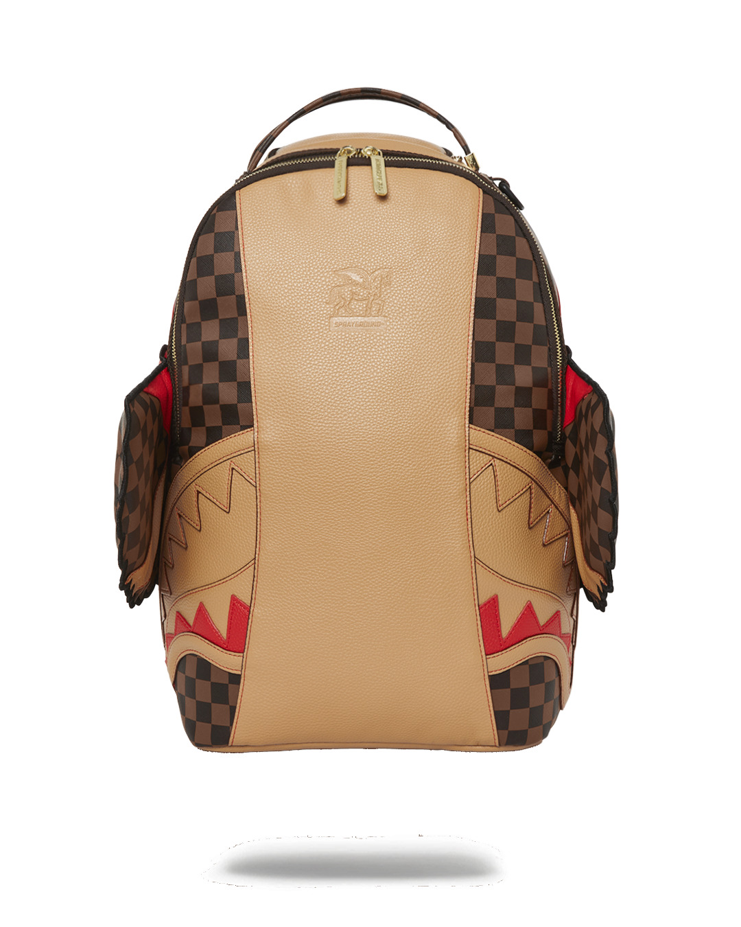 Close-up of the Sprayground backpack's faux leather texture and gold zippers