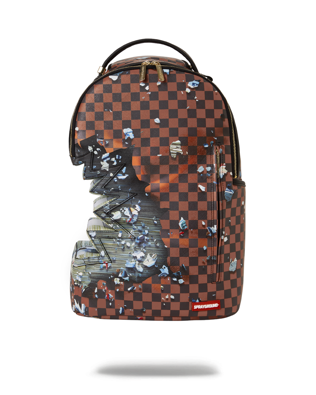 Close-up of faux leather backpack showcasing gold zippers and metal Sprayground badge