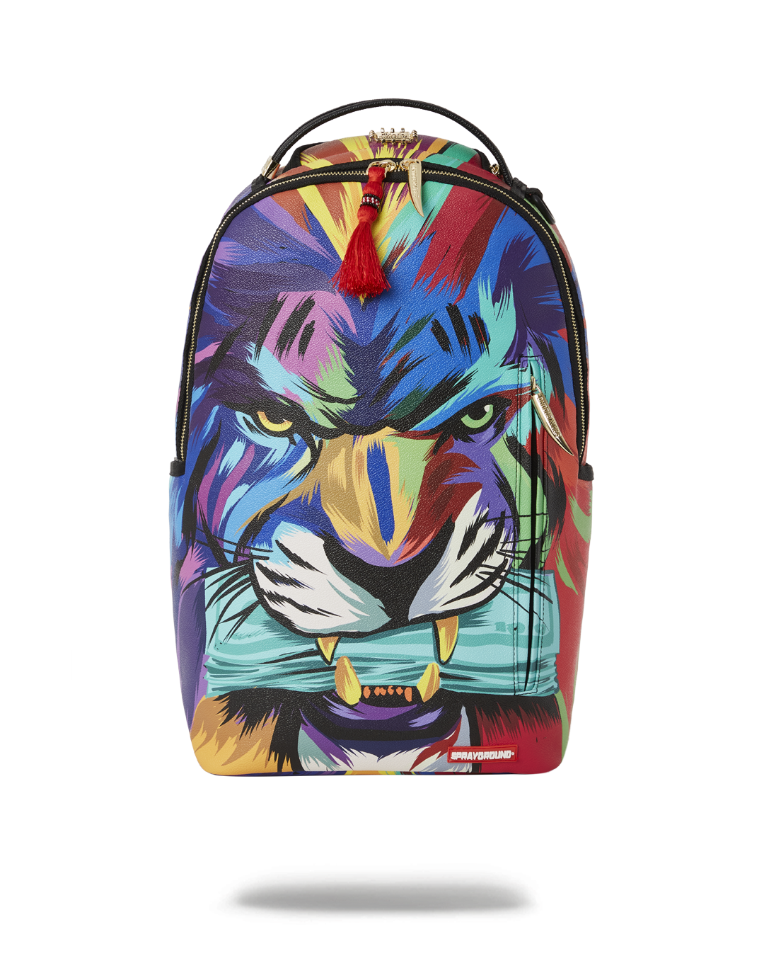 Sandflower Collaboration Faux Leather Backpack by Sprayground, front view with zipper pockets