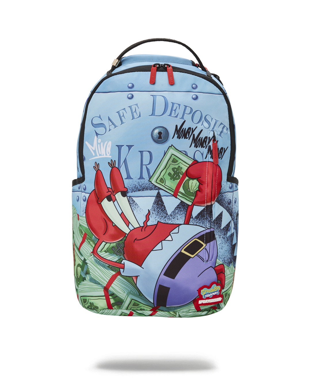 Close-up of SpongeBob design on Sprayground backpack with pink accents