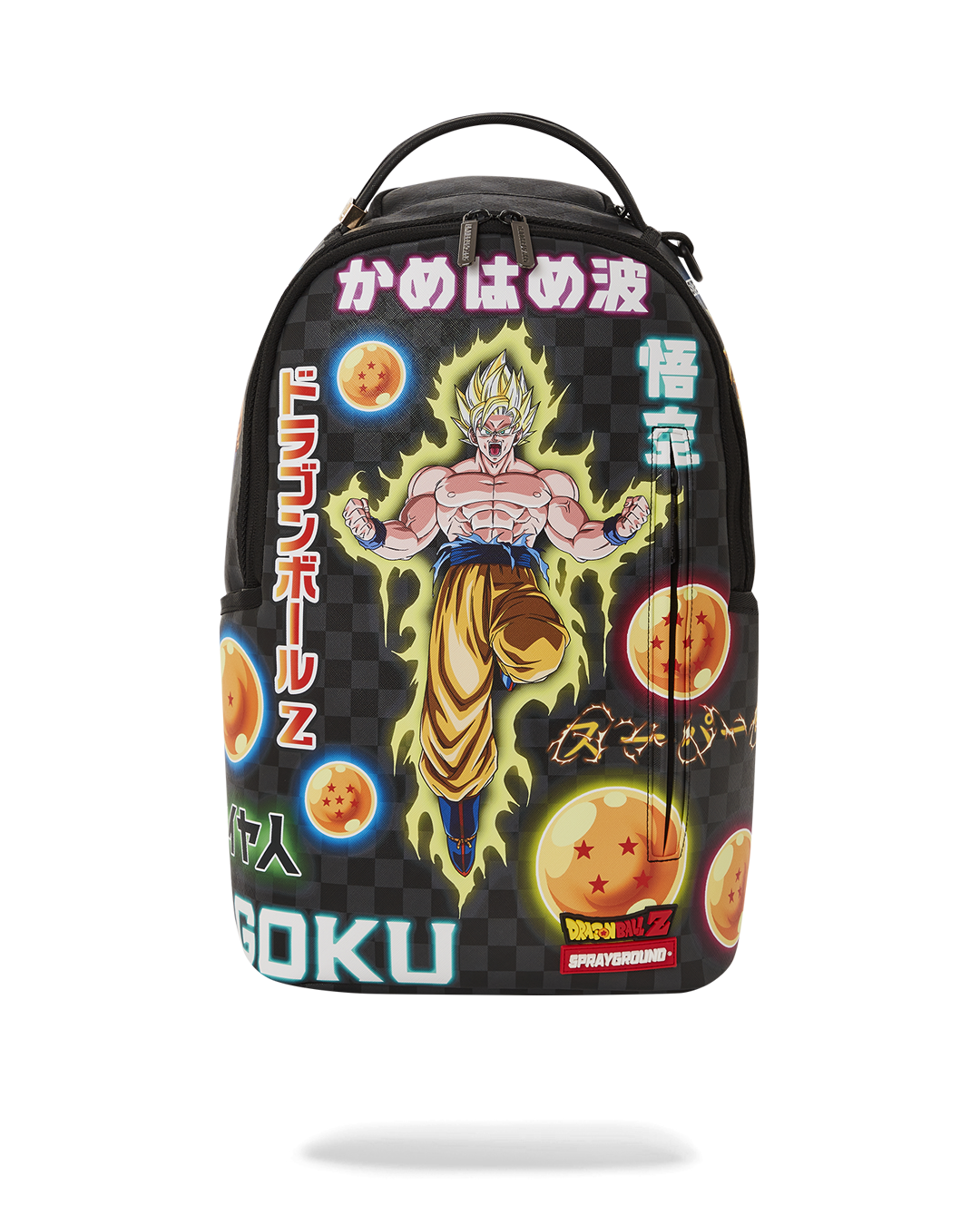 Front view of Dragon Ball Z backpack with neon detailing and zippered pockets