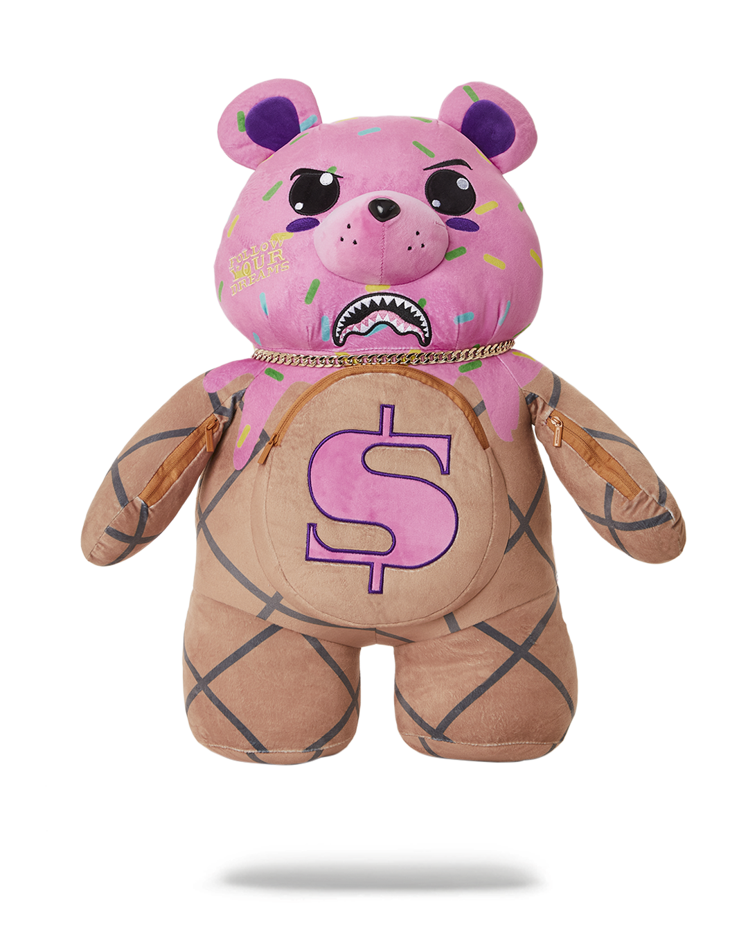 Sprayground Money Bear backpack front view with gold chain details