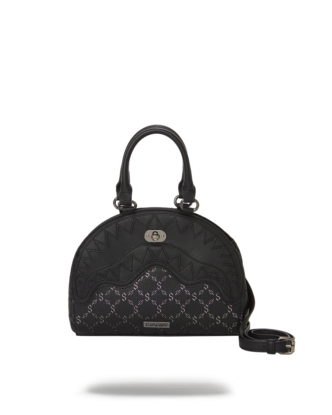 Shark Handbag close-up, highlighting its signature turn lock and laser-cut money logo pattern.