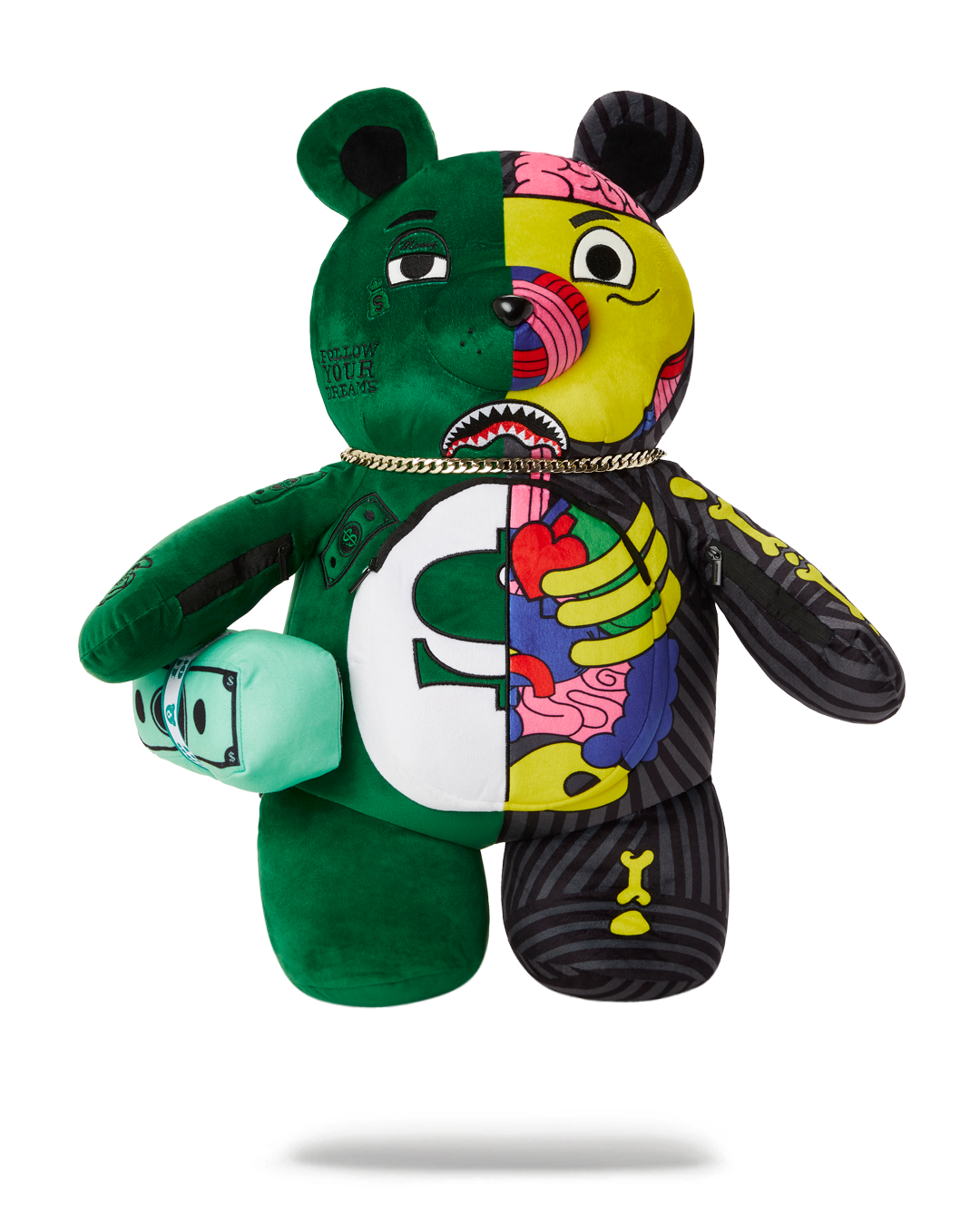 Close-up of the sprayground teddy bear backpack with gold chain applique and hardware