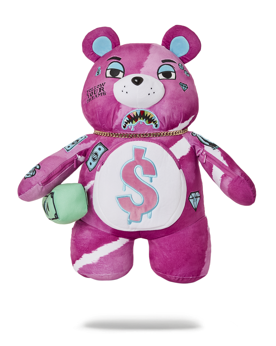 Sprayground Teddy Bear Backpack front view with gold chain details