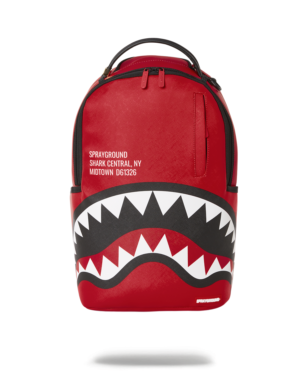 Sprayground Shark Central Red Backpack front view with faux leather exterior