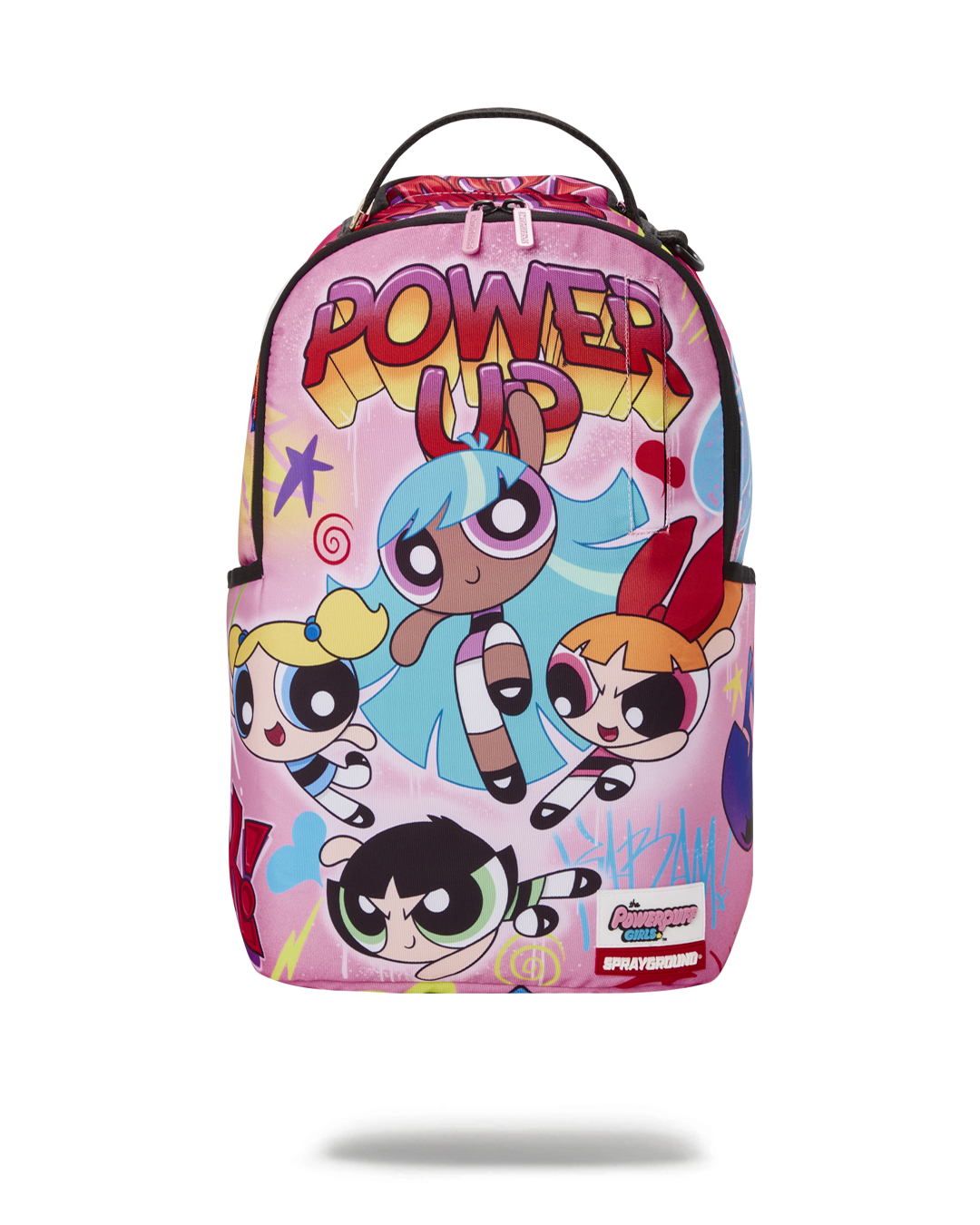 Front view of pink Sprayground backpack with Powerpuff Girls artwork