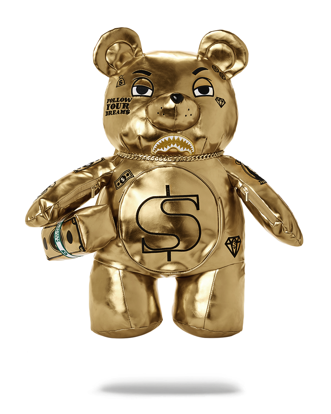 Front view of the Teddy Bear Backpack showing gold accents and zippered pockets