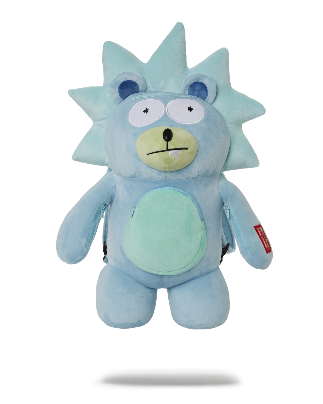 Front view of the teddy bear backpack with gold accents.