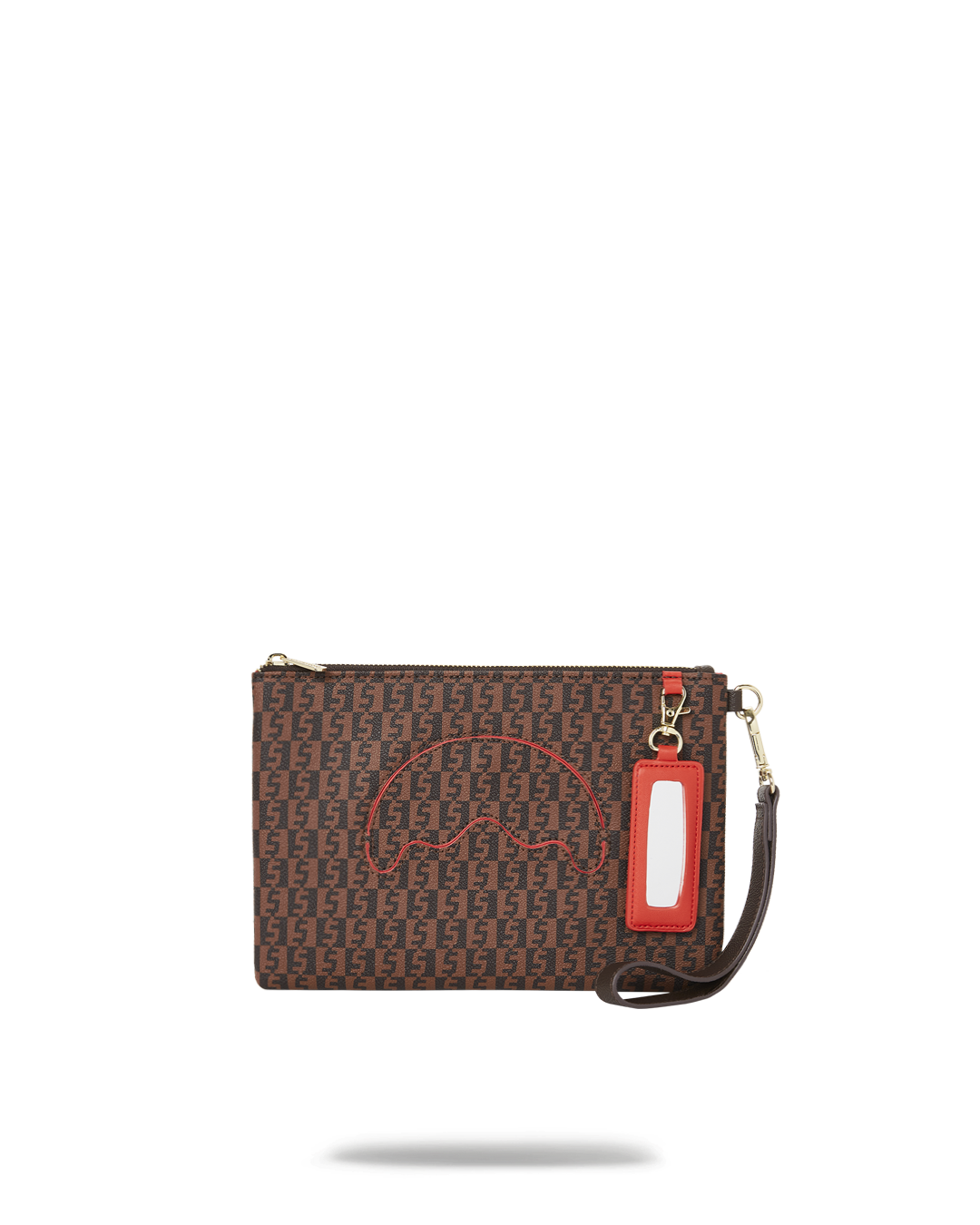 Front view of faux leather clutch bag with wristlet strap on marble countertop
